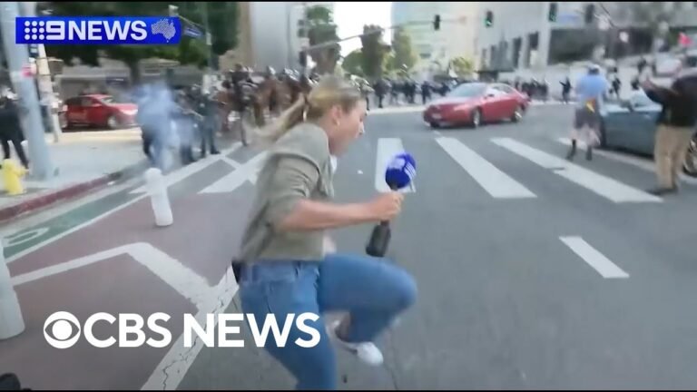 Australian reporter covering Los Angeles immigration protests hit by rubber bullet on live TV